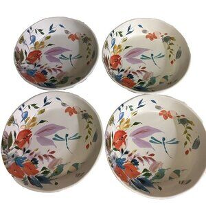 New Anthropologie Floral Dragonfly Shallow 4 Piece Bowl Plate 8 1/8”Diameter‎
